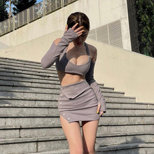 Load image into Gallery viewer, Asymmetry Hollow Out Patchwork Office Lady Suit Pure Color Camisole Vest Vest Long Sleeve T Shirt Sexy Slit Bag Hip Skirt Suit