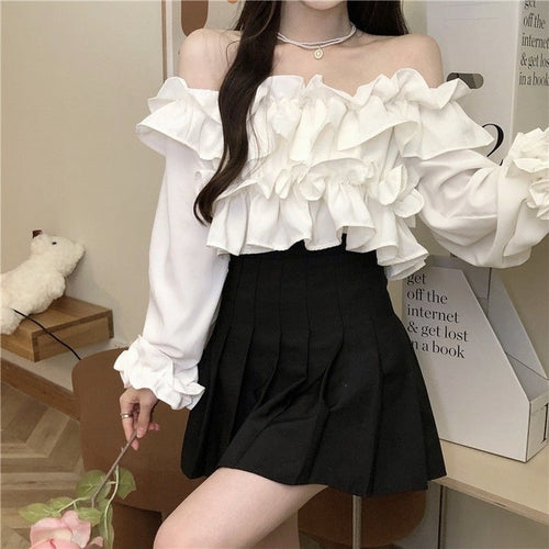 Autum White Sexy Crop Tops Women French Ruffled Long Sleeve Sweet Blouse Shirt Female High Street Korean Kawaii Tops 2021 New