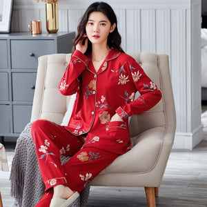 Autumn 100% Cotton Long Sleeve Long Pants Pajama Sets for Women Floral Sleepwear Pyjamas Femme Loungewear Homewear Pijama Mujer