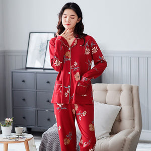 Autumn 100% Cotton Long Sleeve Long Pants Pajama Sets for Women Floral Sleepwear Pyjamas Femme Loungewear Homewear Pijama Mujer