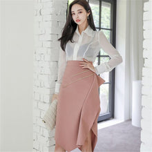 Load image into Gallery viewer, Autumn 2020 New Korean Style 2 Piece Set Office Lady Temperament Slim Perspective Shirt And Pink Studded Ruffle Skirt Work Set