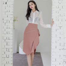 Load image into Gallery viewer, Autumn 2020 New Korean Style 2 Piece Set Office Lady Temperament Slim Perspective Shirt And Pink Studded Ruffle Skirt Work Set