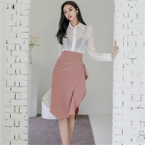 Autumn 2020 New Korean Style 2 Piece Set Office Lady Temperament Slim Perspective Shirt And Pink Studded Ruffle Skirt Work Set