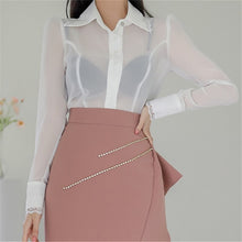 Load image into Gallery viewer, Autumn 2020 New Korean Style 2 Piece Set Office Lady Temperament Slim Perspective Shirt And Pink Studded Ruffle Skirt Work Set