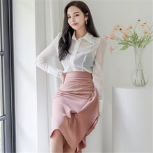 Load image into Gallery viewer, Autumn 2020 New Korean Style 2 Piece Set Office Lady Temperament Slim Perspective Shirt And Pink Studded Ruffle Skirt Work Set