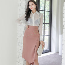 Load image into Gallery viewer, Autumn 2020 New Korean Style 2 Piece Set Office Lady Temperament Slim Perspective Shirt And Pink Studded Ruffle Skirt Work Set