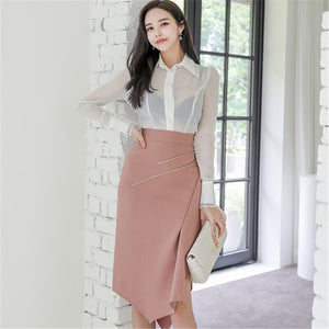 Autumn 2020 New Korean Style 2 Piece Set Office Lady Temperament Slim Perspective Shirt And Pink Studded Ruffle Skirt Work Set