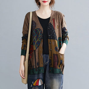Autumn 2020 Women‘s Knitted Cardigan Vintage Printing V Neck Long Sleeves Pockets Loose Sweater Sweatshirts Casual Mujer Tops