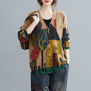 Autumn 2020 Women‘s Knitted Cardigan Vintage Printing V Neck Long Sleeves Pockets Loose Sweater Sweatshirts Casual Mujer Tops