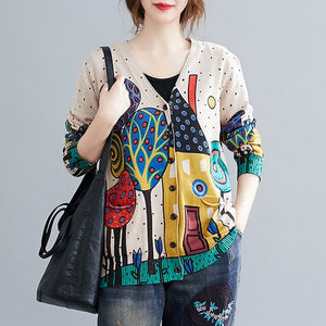 Autumn 2020 Women‘s Knitted Cardigan Vintage Printing V Neck Long Sleeves Pockets Loose Sweater Sweatshirts Casual Mujer Tops