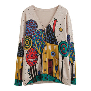 Autumn 2020 Women‘s Knitted Cardigan Vintage Printing V Neck Long Sleeves Pockets Loose Sweater Sweatshirts Casual Mujer Tops