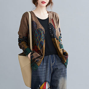Autumn 2020 Women‘s Knitted Cardigan Vintage Printing V Neck Long Sleeves Pockets Loose Sweater Sweatshirts Casual Mujer Tops