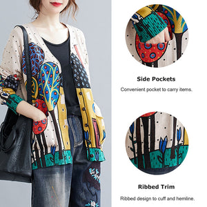 Autumn 2020 Women‘s Knitted Cardigan Vintage Printing V Neck Long Sleeves Pockets Loose Sweater Sweatshirts Casual Mujer Tops