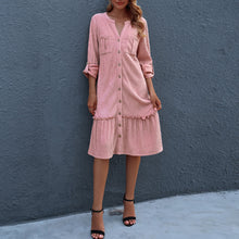 Load image into Gallery viewer, Autumn 2021 Dress for Women Pink Long Sleeves Ruffle Dress Roll Up Sleeve Button Down V Neck Elegant Ladies Party Dress