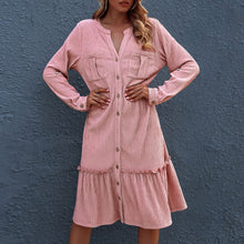 Load image into Gallery viewer, Autumn 2021 Dress for Women Pink Long Sleeves Ruffle Dress Roll Up Sleeve Button Down V Neck Elegant Ladies Party Dress