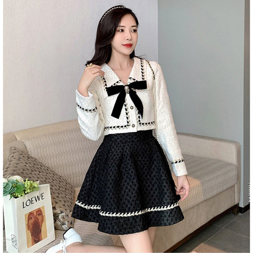 Autumn 2021 New Fashion Two-Piece Set for Women Fall Outfit Bow Lapel Crop Jacket and Loose Mini Skirt Puff Skirt Set Sweet