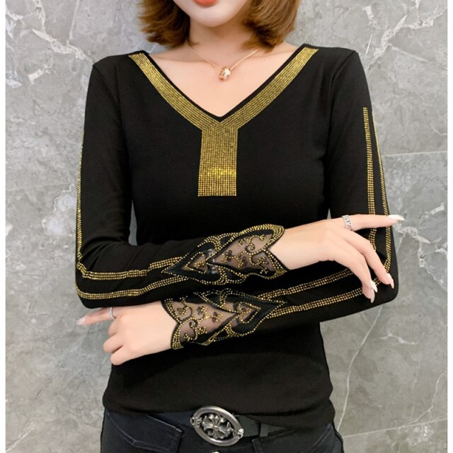 Autumn 2021 New Long Sleeve Women's T-Shirt Fashion V-Neck Hot Drilling Lace Tops Elegant Slim Black tshirt Blusas