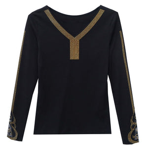 Autumn 2021 New Long Sleeve Women's T-Shirt Fashion V-Neck Hot Drilling Lace Tops Elegant Slim Black tshirt Blusas