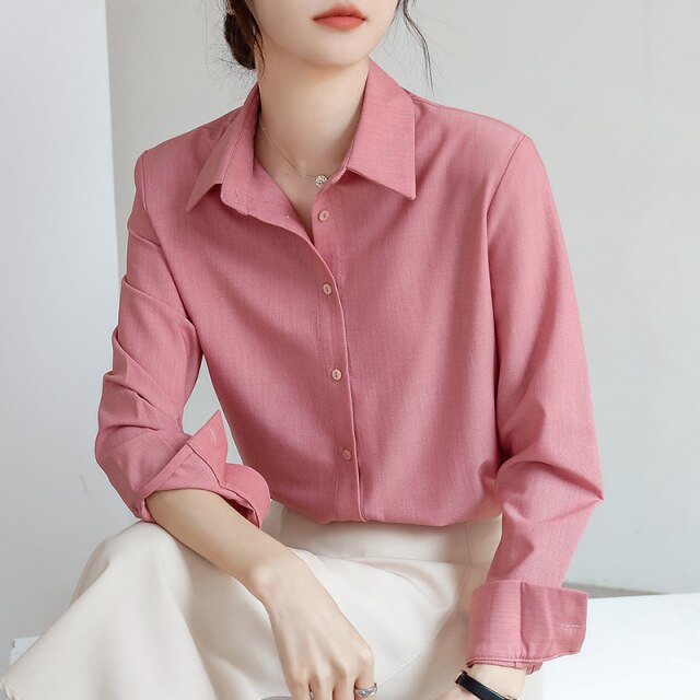Autumn 2021 New Solid Color Lapel Long-sleeved Shirt Women Simple Loose Chiffon Blouse Shirt Elegant Slim Office Lady Tops