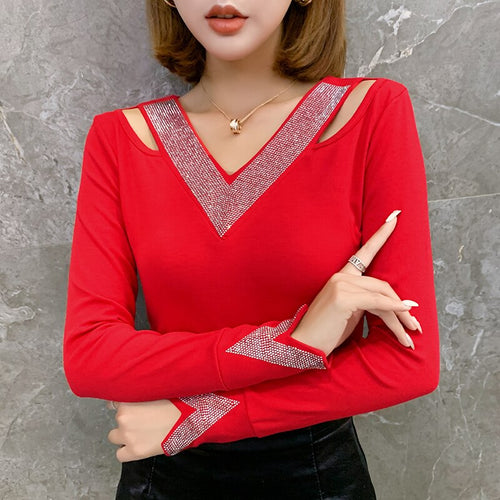 Autumn 2021 New Women's T-Shirt Fashion Casual Long Sleeve V-Neck Diamond Mesh Tops Plus Size V-Neck Female Shirt