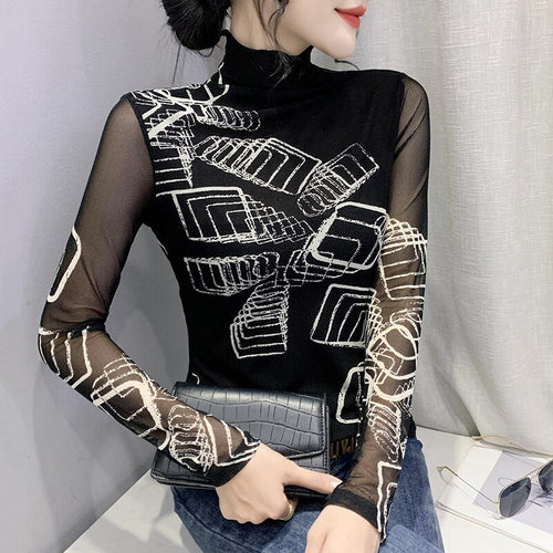 Autumn 2021 New Women's T-Shirt Fashion Casual Turtleneck Long Sleeved Print Black Mesh Tops M-3XL Plus Size Female Clothing