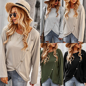 Autumn And Winter Long-sleeved Sweater Women's Round Neck Long-sleeved Loose Solid Color T-shirt Retro Women Fashion Tops.