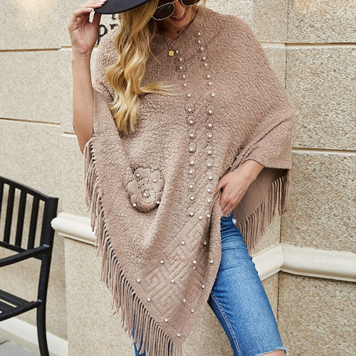 Autumn And Winter New Style 2021 Shawl Cloak Sweater Casual V-neck Beaded Pure Color Tassel Sweater Women