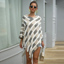 Load image into Gallery viewer, Autumn And Winter New Women&#39;s Casual V-neck Pullover Fashion Long-sleeved Shawl Fringed Cloak Plaid Knitted Top Women