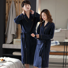 Load image into Gallery viewer, Autumn Bathrobe Lovers 100% Cotton sleep top Kimono Robes For Couple Male Navy Blue Robes Long Bath Robe Bride Robe Dress Gown