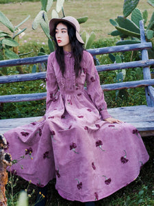 Autumn Bohemian Style Woman Corduroy Dress Vintage Embroidery Floral Elastic Waist Mori Girl Boho Dresses Retro Vestido Festa