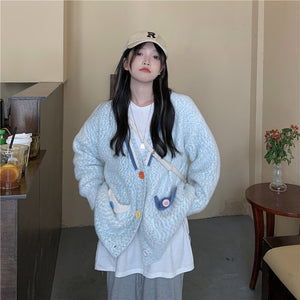 Autumn Casual V-neck Knitted Cardigan Women Colour Button Long Sleeve Sweater Korean Fashion Loose Elegant Designer Coat 2021