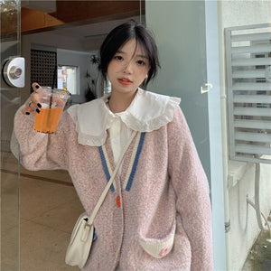 Autumn Casual V-neck Knitted Cardigan Women Colour Button Long Sleeve Sweater Korean Fashion Loose Elegant Designer Coat 2021