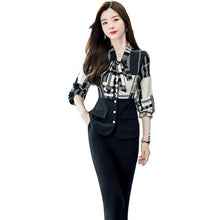 Load image into Gallery viewer, Autumn Fashion 2 Piece Set Long Sleeve Lace-up Collar Print Button Splicing Top High Waist Flared Pants Women Office Clothes