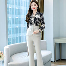 Load image into Gallery viewer, Autumn Fashion 2 Piece Set Long Sleeve Lace-up Collar Print Button Splicing Top High Waist Flared Pants Women Office Clothes