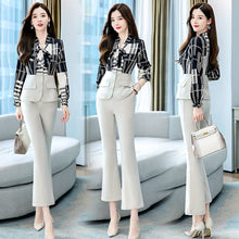 Load image into Gallery viewer, Autumn Fashion 2 Piece Set Long Sleeve Lace-up Collar Print Button Splicing Top High Waist Flared Pants Women Office Clothes