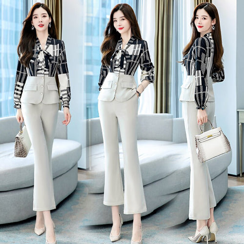 Autumn Fashion 2 Piece Set Long Sleeve Lace-up Collar Print Button Splicing Top High Waist Flared Pants Women Office Clothes