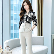 Load image into Gallery viewer, Autumn Fashion 2 Piece Set Long Sleeve Lace-up Collar Print Button Splicing Top High Waist Flared Pants Women Office Clothes