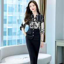 Load image into Gallery viewer, Autumn Fashion 2 Piece Set Long Sleeve Lace-up Collar Print Button Splicing Top High Waist Flared Pants Women Office Clothes