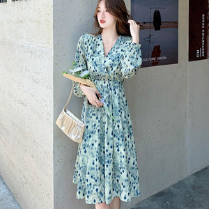 Autumn Floral Chiffon Dress for Women Party French Vintage Office Lady Casual Slim Waist Midi Dresses 2021 New Clothes