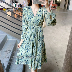 Autumn Floral Chiffon Dress for Women Party French Vintage Office Lady Casual Slim Waist Midi Dresses 2021 New Clothes