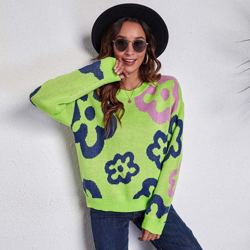 Autumn Flower Sweater Women Jumper Ladies Long Sleeve Knitted Sweater Pullover Women Loose Sweater For Women Knitwear 2021
