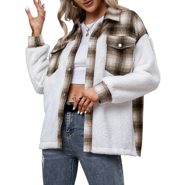 Autumn Jacket Women 2021 Vintage Stylish Plaid Jacket Fluffy Fleece Splicing Single Breasted Winter Chic Tops Coat Outerwear