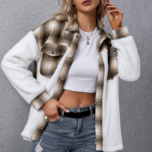 Autumn Jacket Women 2021 Vintage Stylish Plaid Jacket Fluffy Fleece Splicing Single Breasted Winter Chic Tops Coat Outerwear