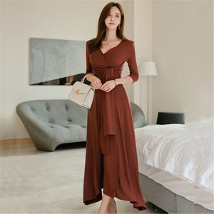 Autumn Korean Style Casual Knit Dress Sexy V-Neck Three Quarter Sleeve Solid Slim Ankle-Length Dress 2020 New A-Line Dress