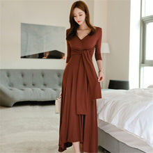 Load image into Gallery viewer, Autumn Korean Style Casual Knit Dress Sexy V-Neck Three Quarter Sleeve Solid Slim Ankle-Length Dress 2020 New A-Line Dress