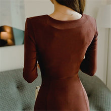 Load image into Gallery viewer, Autumn Korean Style Casual Knit Dress Sexy V-Neck Three Quarter Sleeve Solid Slim Ankle-Length Dress 2020 New A-Line Dress