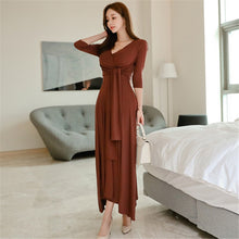 Load image into Gallery viewer, Autumn Korean Style Casual Knit Dress Sexy V-Neck Three Quarter Sleeve Solid Slim Ankle-Length Dress 2020 New A-Line Dress