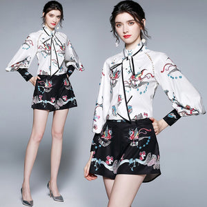 Autumn Lantern Long Sleeve Floral Print Gothic Two Piece Pants Suits Women's Tops And Shorts White Shirt + Wide Leg Shorts Sets