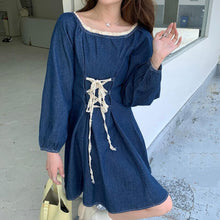 Load image into Gallery viewer, Autumn Long Sleeve Denim Dress Women Lace Patchwork Square Neck Puff Sleeve Mini Dress Teen Girls Fashion Bandage Jeans Dresses
