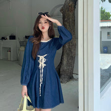 Load image into Gallery viewer, Autumn Long Sleeve Denim Dress Women Lace Patchwork Square Neck Puff Sleeve Mini Dress Teen Girls Fashion Bandage Jeans Dresses
